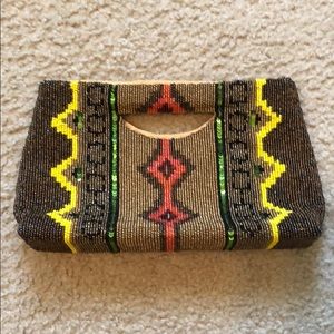Handmade beaded tribal/Aztec print clutch